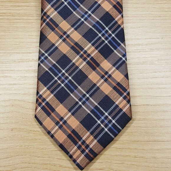 TOMMY HILFIGER Mens Neck Tie Orange Navy Plaid Classic Pointed Preppy Silk Blend - Picture 1 of 6